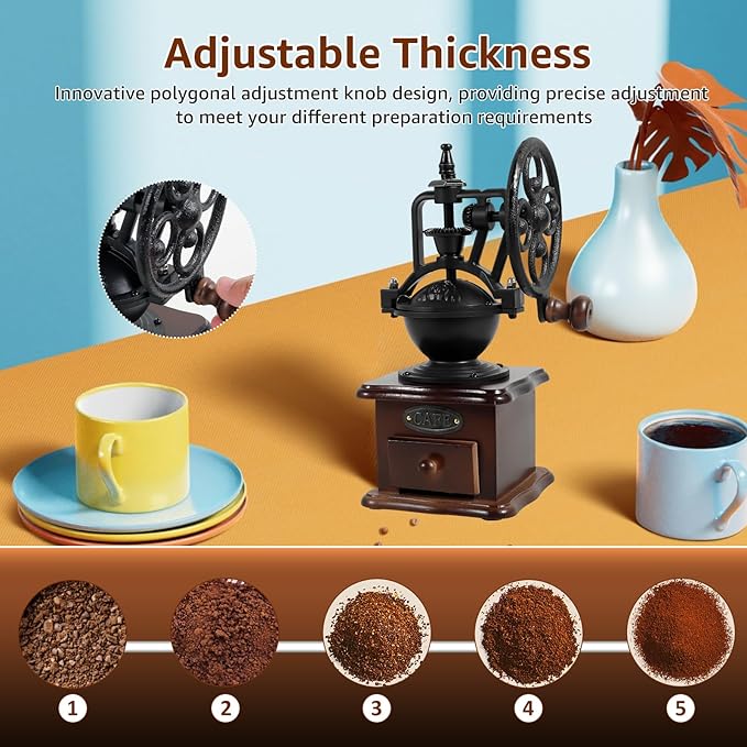 Manual Coffee Grinder, Mini Hand Coffee Grinder, Ceramic Burr Coffee Bean Mill with Hand Crank for Home Use, Travel, Camping, Pour Over, etc, 5 Adjustable Settings, Vintage Wooden Coffee Decor