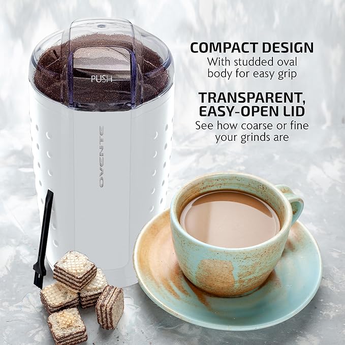 OVENTE Electric Coffee Grinder, Coffee Mill and Spice Grinder with 2.5oz Capacity, 150W Motor, One Touch Push-Button & Stainless Steel Blades for Uniform Grinding of Beans, Herb or Nuts, White CG225W