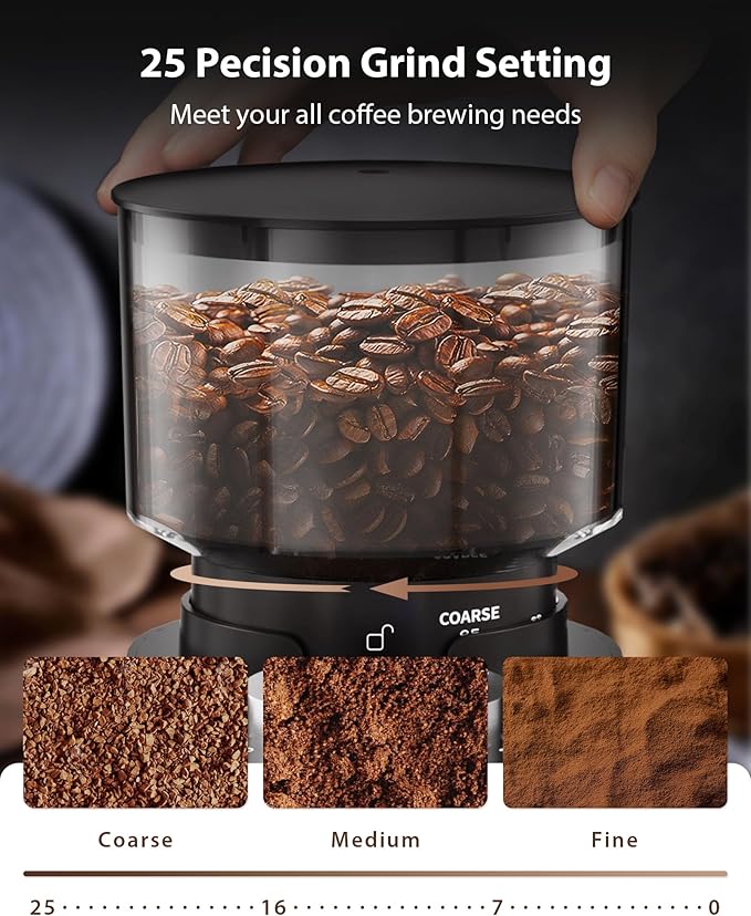 Aromaster Coffee Grinder, Coffee Bean Grinder with 25 Grind Setting, 2-12 Cups Timer, Conical Coffee Grinders for Home Use, Cleaning Brush, 3-Ears Portafilter Holder