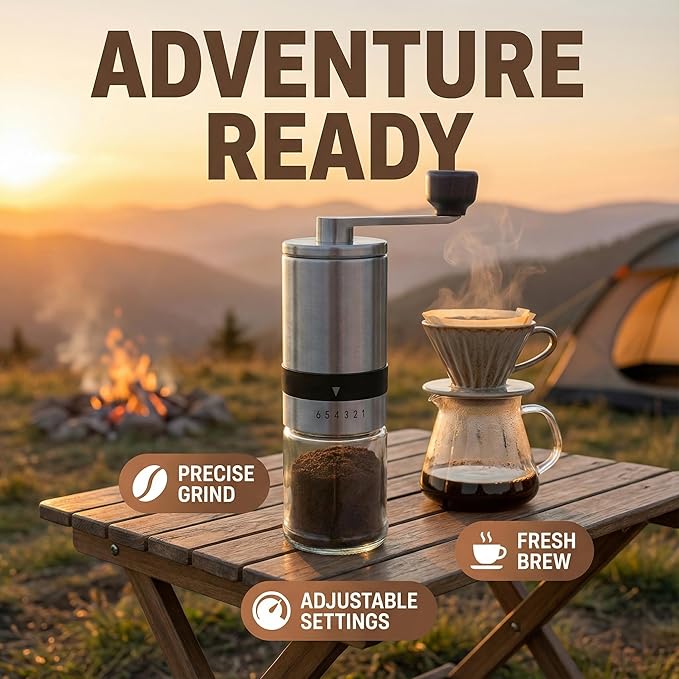 Manual Coffee Grinder – Professional Stainless Steel Burr Mill with 6 Adjustable Settings – Portable Hand Crank Grinder for Espresso to French Press – Glass Grounds Container & Ergonomic Wooden Handle