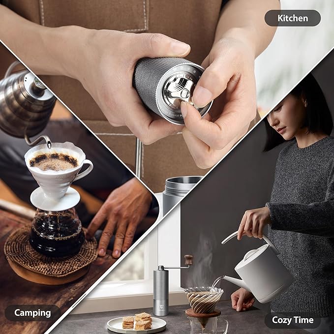 SUNYA Manual Coffee Grinder with Stainless Steel Conical Burr. Aluminum Shell Hand Coffee Bean Mill with Adjustable Settings. Coffee Recipes Booklet Included (MCG-02 Gray)