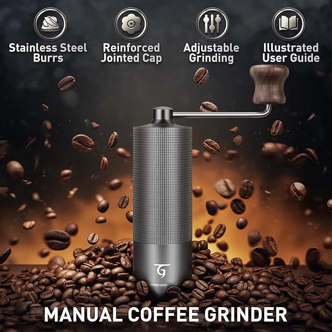 SUNYA Manual Coffee Grinder with Stainless Steel Conical Burr. Aluminum Shell Hand Coffee Bean Mill with Adjustable Settings. Coffee Recipes Booklet Included (MCG-02 Gray)