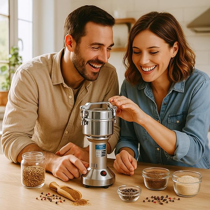 High Speed Electric Grain Mill Grinder – Silver 150g Capacity Flour Grinder with 304 Stainless Steel Blades and Accessories Compact Automatic Grain Mill for Flour Nuts Spices Coffee Herbs