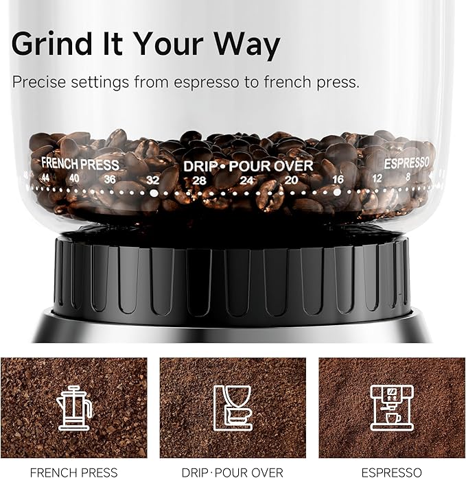 HiBREW G7 Electric Coffee Grinder - 48 Precise Grind Settings for Espresso/Pour Over/French Press, Large Capacity Bean Hopper, Portion Control & Anti-Static, Conical Burr Mill for Fresh Ground Coffee