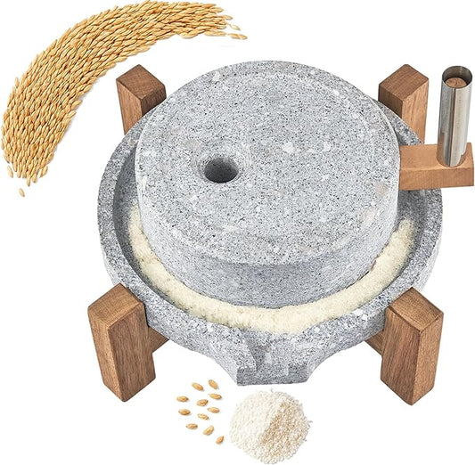 Stone Grain Mill - Manual Flour Mill with Stable Wood Base, Natural Granite Stone Grinder Mill for Dry & Wet Use, Home Kitchen Tool (9.8 x 13.8 inch)