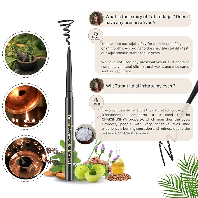 Tatsat Ayurvedic herbal Kajal | Natural, Lead-Free & Chemical-Free Eye Care | Soothing Formula for Everyday Use | Safe for All Skin Types | Made with Triphala, Chakshushya Herbs, Castor Oil etc