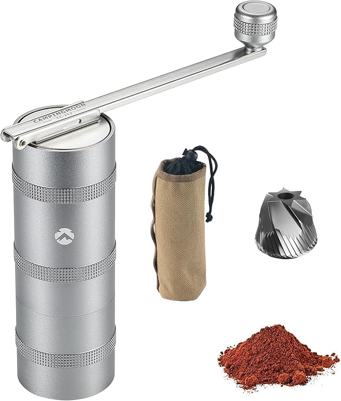 CAMPINGMOON Portable Manual Coffee Grinder, Stainless Steel Burr, Foldable Handle, Hand Grinder for Camping & Travel CC-115,CC-152 (Silver, M (25-27g))