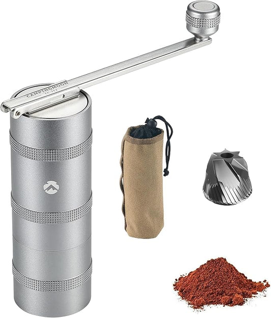 CAMPINGMOON Portable Manual Coffee Grinder, Stainless Steel Burr, Foldable Handle, Hand Grinder for Camping & Travel CC-115,CC-152 (Silver, M (25-27g))