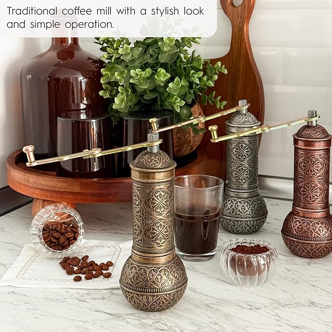 Decorative Handmade Coffee Grinder, Refillable Turkish Spice Mill, Manual Coffee Mill with Handle, Coffee Grinder Metal with Hand Crank 18 cm-7.1 inch (Antique)