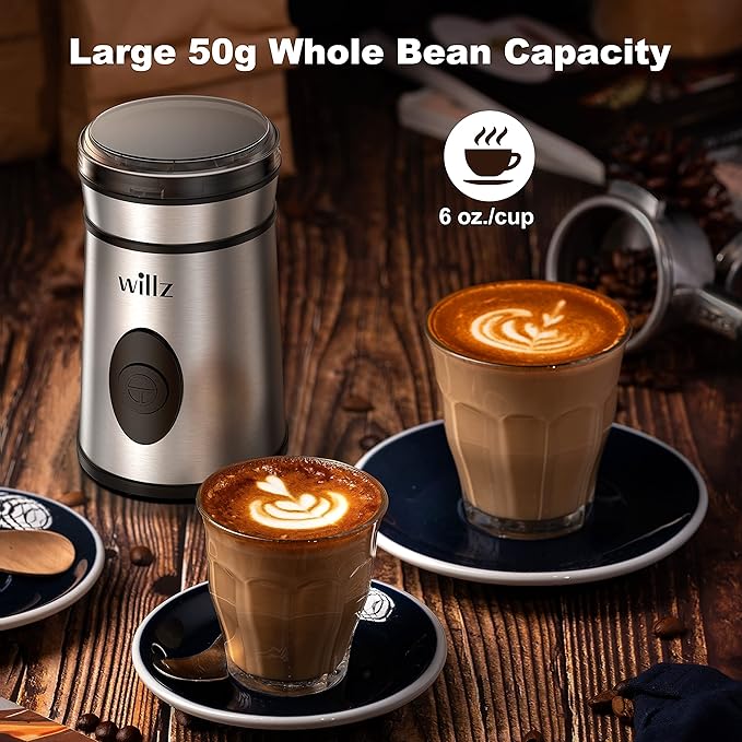 Willz Electric Coffee Grinder for Coffee Beans, Spices, & Herbs with Easy On/Off Button Control, 50g Grinding Capacity, Makes up to 6 cups, 200W, Stainless Steel