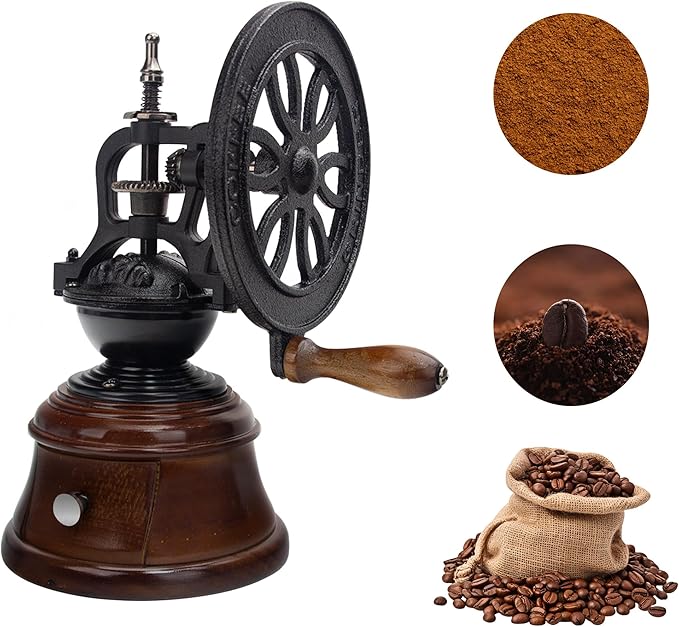 Vintage Manual Coffee Grinder, Cast Iron and Wood Construction, Adjustable Burr Mill with Collection Box, Black and Brown, 10.63x5.75 Inch