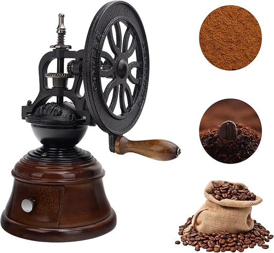 Vintage Manual Coffee Grinder, Cast Iron and Wood Construction, Adjustable Burr Mill with Collection Box, Black and Brown, 10.63x5.75 Inch