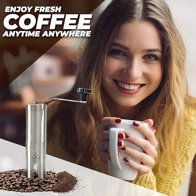 Hand Coffee Mill Grinder with Conical Ceramic Burr | Consistent Grind Every Time, Professional Grade, Stainless Steel, Lightweight and Portable, Heavy Duty Extra Long Hand Crank