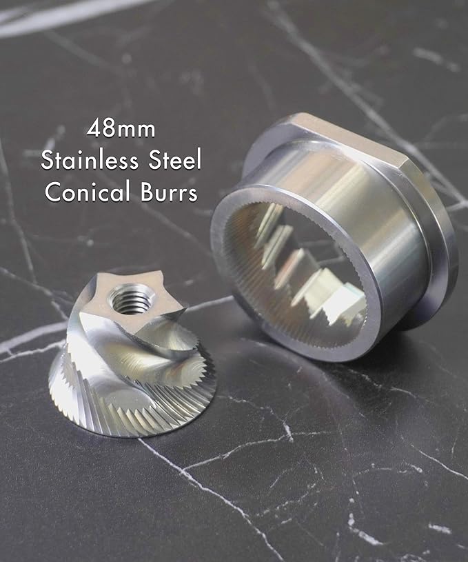PALICO Aroma Coffee Grinder - 48mm Stainless Steel Conical Burrs, 17 micro-adjustable grind settings, 250g Bean Hopper Capacity, removable burrs & hopper, low RPM motor (Matt Black)