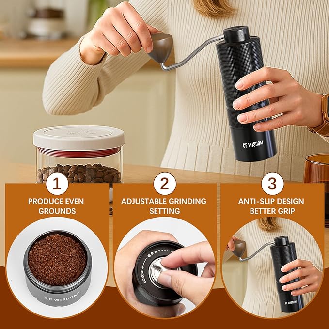 Espresso Manual Burr Coffee Grinder – CNC Stainless Steel Conical Burrs, Dual Bearings, Precision Adjustable Hand Grinder, Portable Travel Coffee Bean Grinder