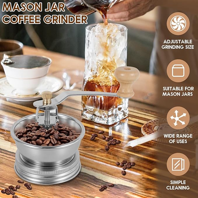 Mason Jar Manual Coffee Grinder, Stainless Steel Crank Burr Grinder for Coffee Beans, 70mm