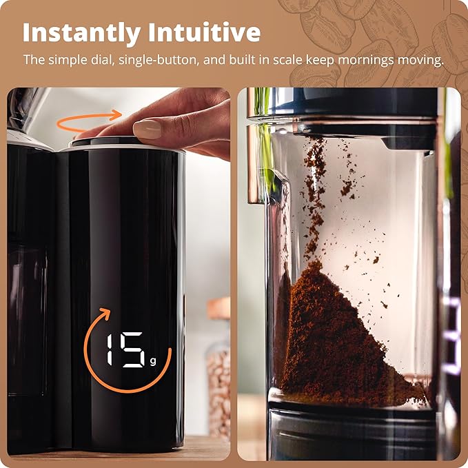Greater Goods Coffee Grinder with Scale, One-Touch Electric Conical Burr Grinder with 8-Position Grind Selector, Anti-Static Grounds Basket, Onyx Black