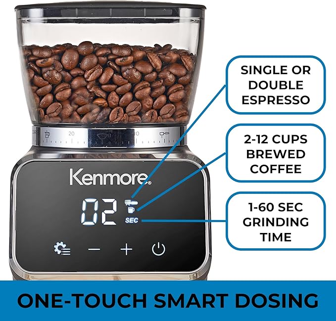 Kenmore Conical Burr Coffee Grinder - Electric Maquina de Moler Café for Espresso, French Press, Drip, Adjustable Grind Size, Bean Mill, Digital Control, Spice Grinding, Home Use