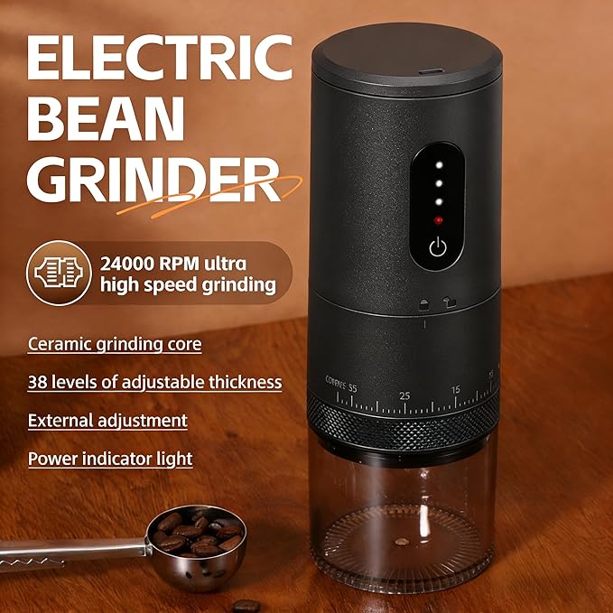 Conical Burr Coffee Grinder. Portable Electric Espresso Bean Grinder for Travel, Camping.Rechargeable Cordless Coffee Grinders with 38 Adjustable Grind Settings