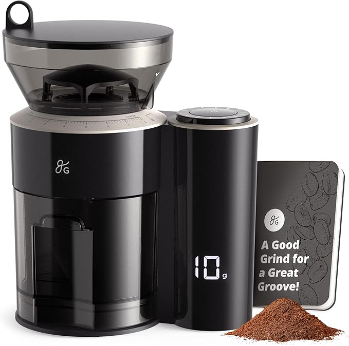 Greater Goods Coffee Grinder with Scale, One-Touch Electric Conical Burr Grinder with 8-Position Grind Selector, Anti-Static Grounds Basket, Onyx Black