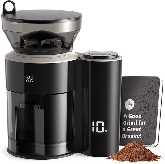 Greater Goods Coffee Grinder with Scale, One-Touch Electric Conical Burr Grinder with 8-Position Grind Selector, Anti-Static Grounds Basket, Onyx Black