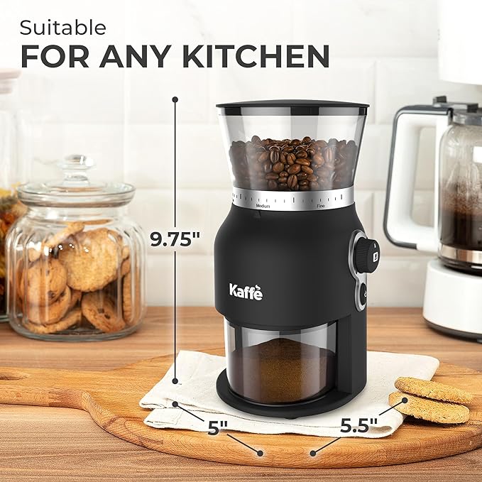 Kaffe Electric Burr Coffee Grinder (5.5oz) - Conical Burr - 25 Adjustable Coarseness Levels - Matte Black - Cleaning Brush Included