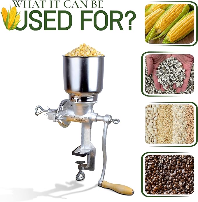 Alpine Cuisine Manual Cast Iron Coffee Grinder 17" High Hopper Multi-Purpose Mill for Corn Nuts Wheat Spices Seed Herbs Heavy Duty for Kitchen Homes & Restaurant, Silver