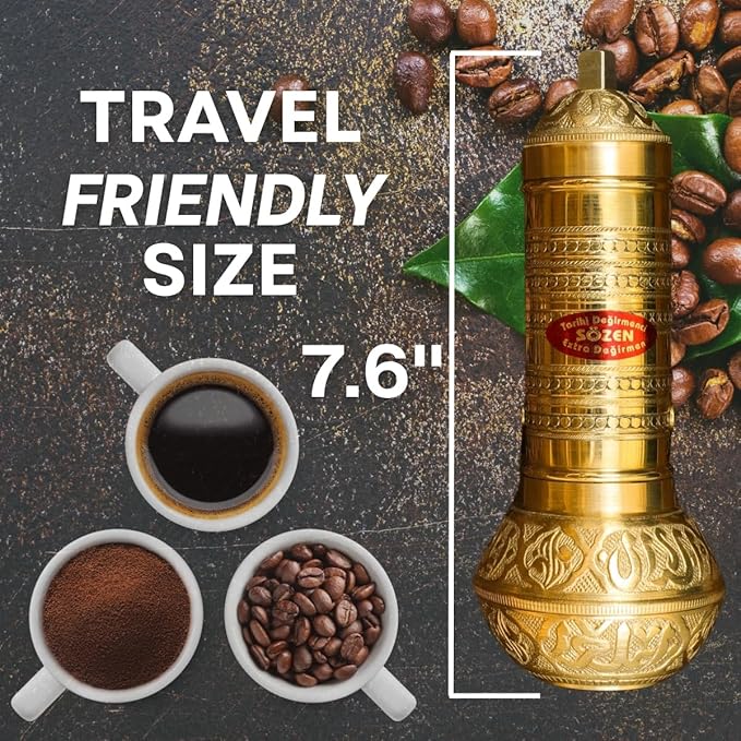 Sozen 7.6" Hammered Manual Coffee Grinder Brass – Hand Crank Burr Mill for Turkish Coffee, French Press, Espresso, Camping & Home Use – Portable Coffee Bean Grinder, Adjustable Conical Grinder