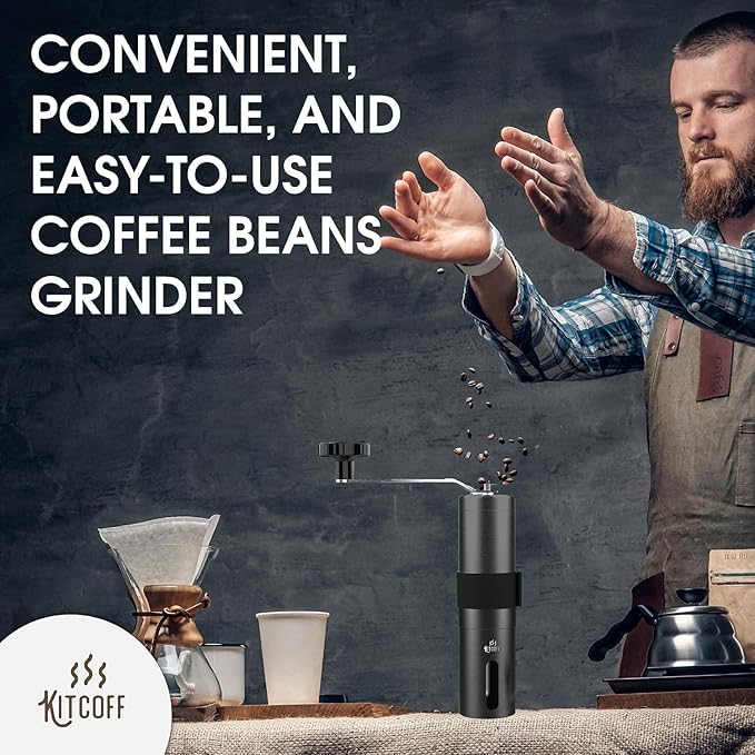Manual Coffee Grinder — Stainless Steel Conical Burr Coffee Bean Grinder with Hand Crank, 18 Adjustable Settings, Storage Pouch and Sturdy Grip — Portable Coffee Grinder for Camping or Travel