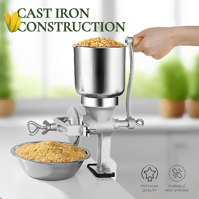 Alpine Cuisine Manual Cast Iron Coffee Grinder 17" High Hopper Multi-Purpose Mill for Corn Nuts Wheat Spices Seed Herbs Heavy Duty for Kitchen Homes & Restaurant, Silver