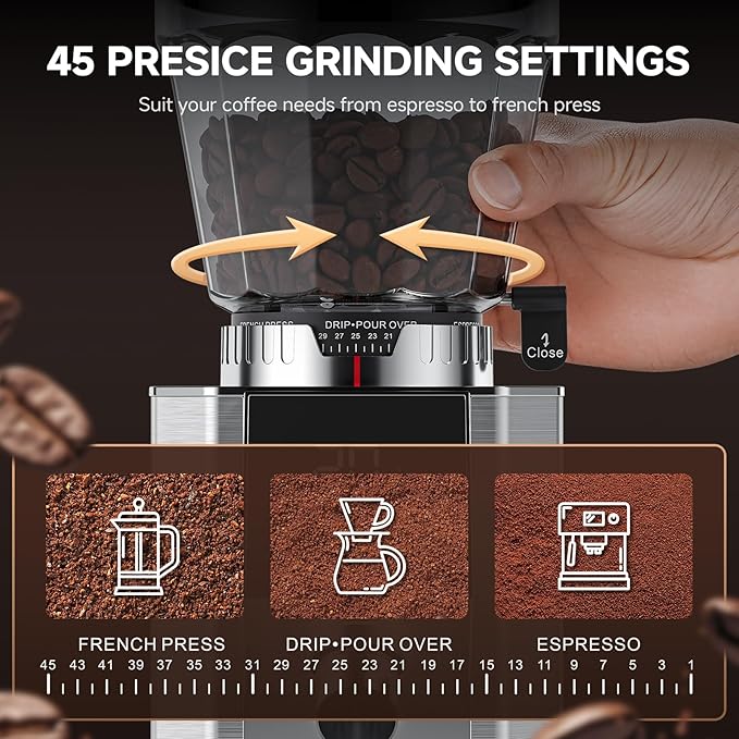 Burr Coffee Bean Grinder for Home Use with 45 Precise Grinding Settings, Espresso Grinder with Height Adjustable Funnel Stand, LED Touch Panel, Anti-static Design, Micro Switch User Friendly