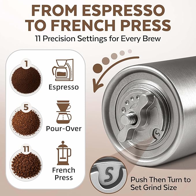 ZaksCoffee Manual Coffee Grinder Stainless Steel Core – Hand Coffee Grinder with 11 Adjustable Settings, Durable Handle and Knob, Portable and Quiet Design for Travel or Home Brewing
