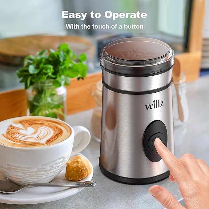 Willz Electric Coffee Grinder for Coffee Beans, Spices, & Herbs with Easy On/Off Button Control, 50g Grinding Capacity, Makes up to 6 cups, 200W, Stainless Steel
