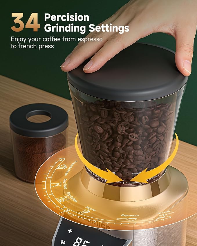 Conical Burr Coffee Grinder with 40mm Stainless Steel Burr, 34 Grind Settings & Anti-Static, Electric Espresso Grinder for Home Use