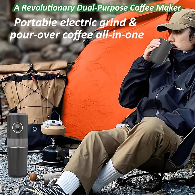 Portable Electric Burr Coffee Grinder and Brewing Combo - Rechargeable with Conical Mill & Insulated Stainless Steel Cup for Camping, Travel, Office and Outdoor Use (black)