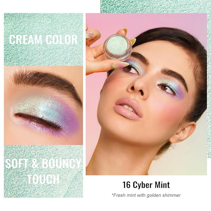 Oulac Cream Eyeshadow also for Highlighter Large Capacity Highly Pigmented Eye Shadow Waterproof &Long Lasting with Moisturizing Formula, Shimmer Glitter Eye Makeup. 6g.16+02