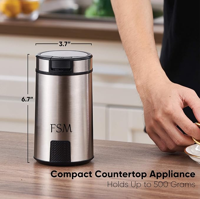 FSM Electric Coffee Grinder and Spice Mill with Safety Lock System – Rustproof Stainless Steel with Transparent Lid and Gripping Base – Grind Whole Beans, Seeds, Nuts, Herbs and Flaxseed -1.76 Oz.