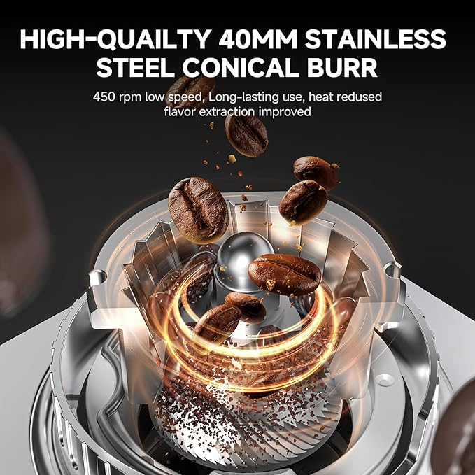 Burr Coffee Bean Grinder for Home Use with 38 Precise Grinding Settings, Espresso Grinder with Height Adjustable Funnel Stand, LED Touch Panel, Anti-static Design, Micro Switch User Friendly