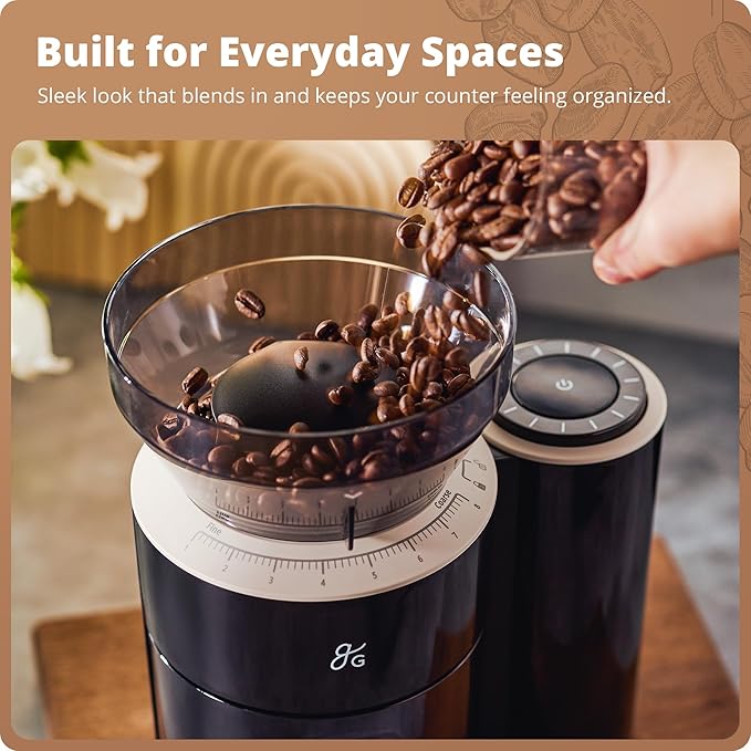 Greater Goods Coffee Grinder with Scale, One-Touch Electric Conical Burr Grinder with 8-Position Grind Selector, Anti-Static Grounds Basket, Onyx Black