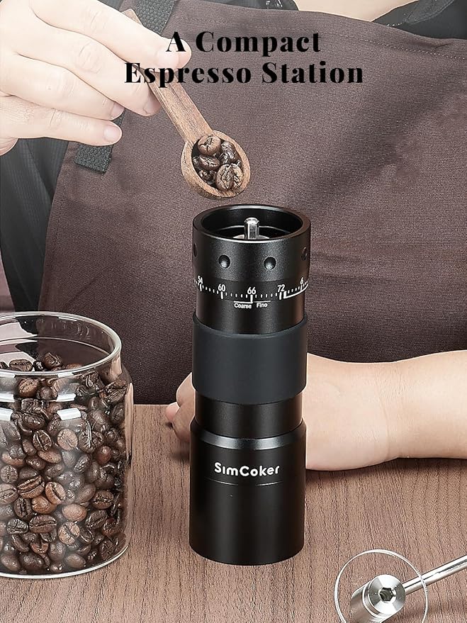Manual Coffee Grinder with 16μm External Adjustment, Precision Espresso & Pour Over Grinder, CNC Stainless Steel Conical Burr, Drill-Compatible Aluminum Body, Portable Coffee Grinder, Black