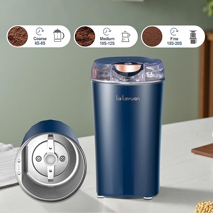 Electric Coffee Grinder, 200W, Stainless Steel Cutter Head, Portable, Household Spice Grinder, 28,000 RPM, Can Make 12 Cups of Coffee At A Time, Suitable for Office Camping (Blue)