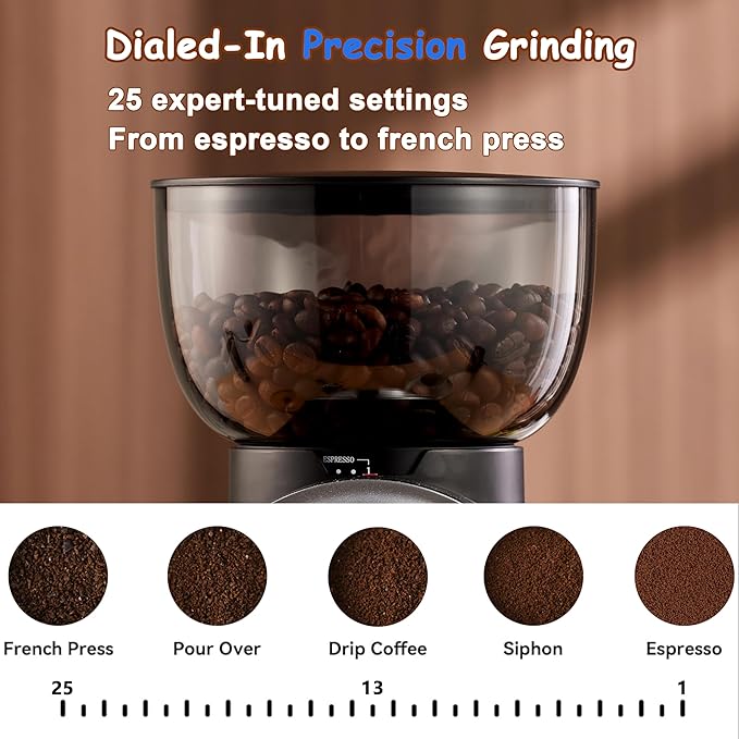 Electric Conical Burr Coffee Bean Grinder with 25 Precise Settings, Touchscreen Adjustable Electric Burr Mill with LED Screen, Organ-Style Powder Blower (Anti-static)