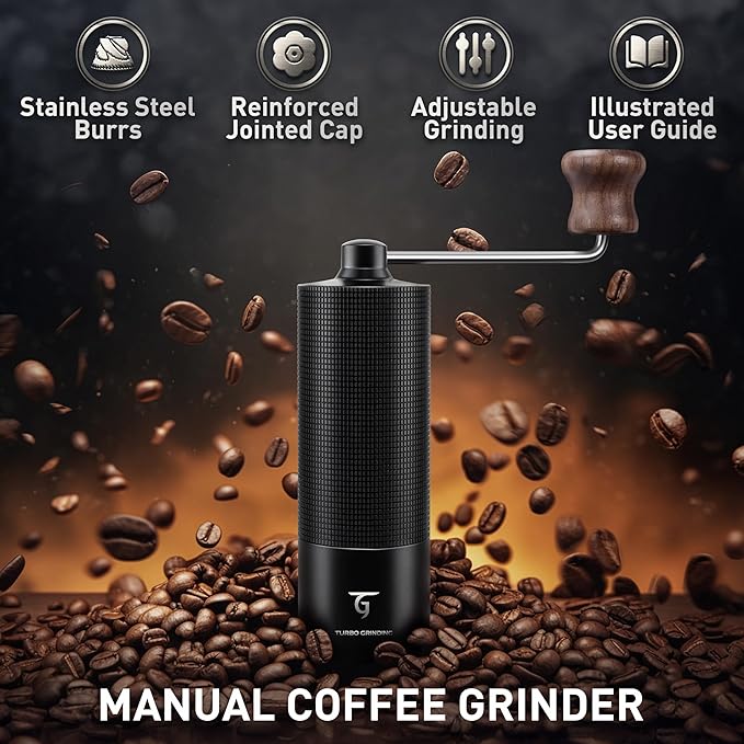 SUNYA Manual Coffee Grinder with Stainless Steel Conical Burr. Aluminum Shell Hand Coffee Bean Mill with Adjustable Settings. Coffee Recipes Booklet Included (MCG-02 Black)