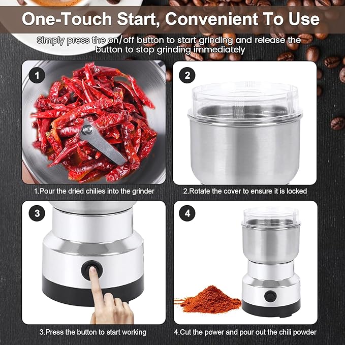 Petyoung Electric Spice Grinder, 150W Powerful One- Touch Mini Home Grinder, 300ml Grinder Smash Machine, Multi- Function for Grain Nuts Seasoning Coffee Beans Spices and More