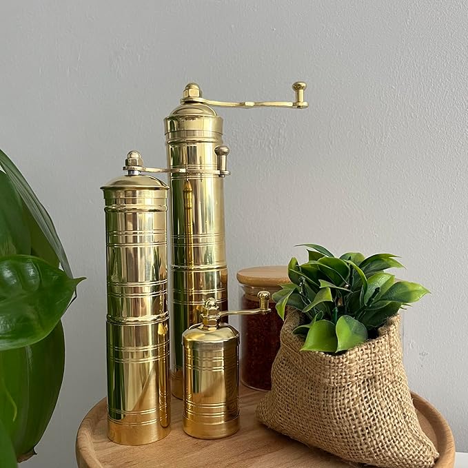 Set of Three Turkish Manual Coffee Grinders, Brass Coffee Mill with Handle, Fixed Top Pepper Grinder, Kitchen Decor