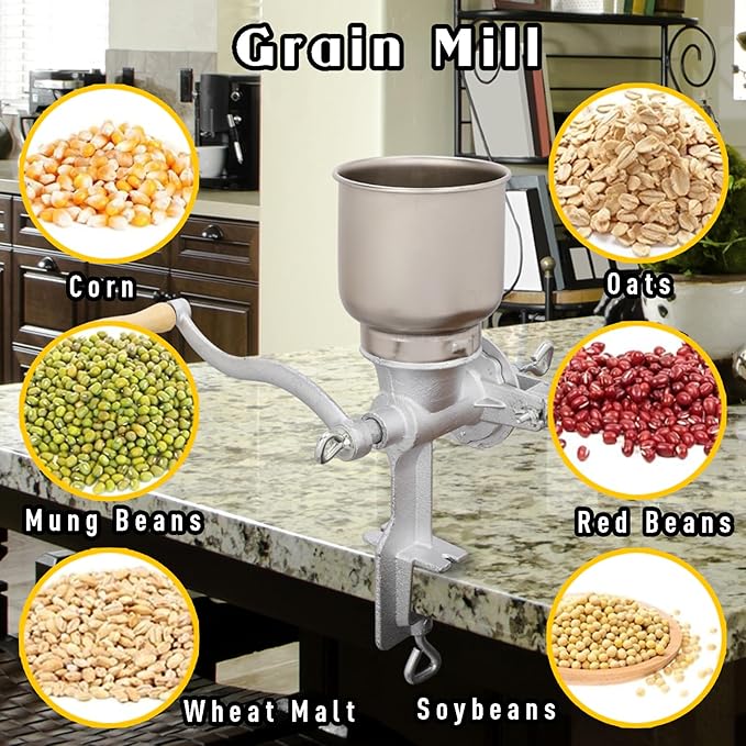 High Hopper Manual Coffee Grinder Grain Mill, Hand Crank Mill for Corn, Barley, Wheat, Beans, Spices, Adjustable Coarseness Settings, Hand Grinder with Large Hopper, Molino Para Moler Maiz, Silver