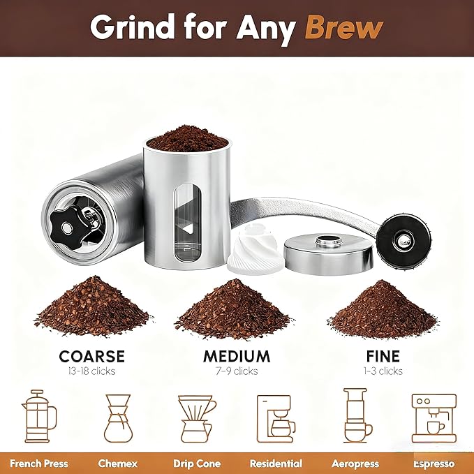 Manual Coffee Grinder with Ceramic Conical Burr - Adjustable Setting Coffee Bean Grinder for Espresso Drip French Press - Portable Hand Crank with Detachable Handle