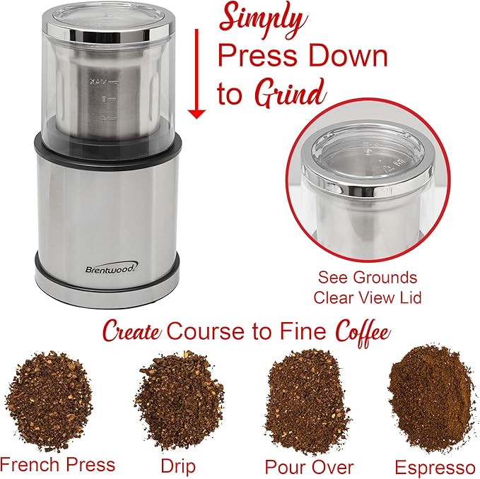 Brentwood CG-162S 75-Gram Electric Wet and Dry Coffee Bean, Herb, and Spice Grinder, Black