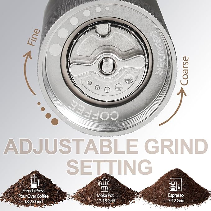 Non-Detachable Manual Coffee Grinder with 25 Level Stainless Steel Conical Burr Portable Aluminum Coffee Bean Grinder Suitable for Moka Pot Espresso French Press Pour Over Easy Cleaning with Brush