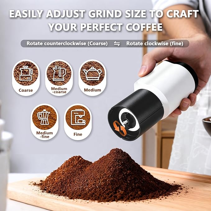 Portable Electric Coffee Grinder,Features a Built-in 1300mAh Rechargeable Battery, Adjustable Grind Settings for Coffee Beans/Grains,Portable Coffee Grinder for Home,Camping and Travel Use